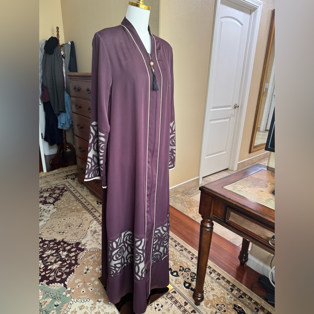 Elegant Purple Long abaya with Floral Accents
